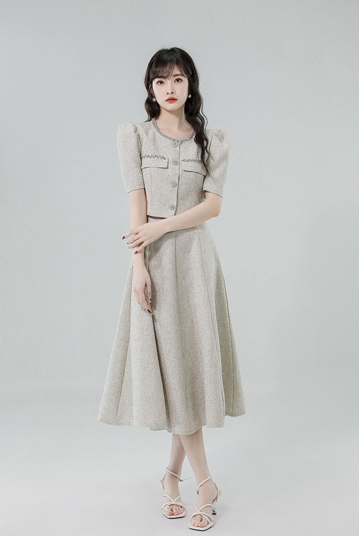 Puff-sleeve Top + High Waisted Skirt Set