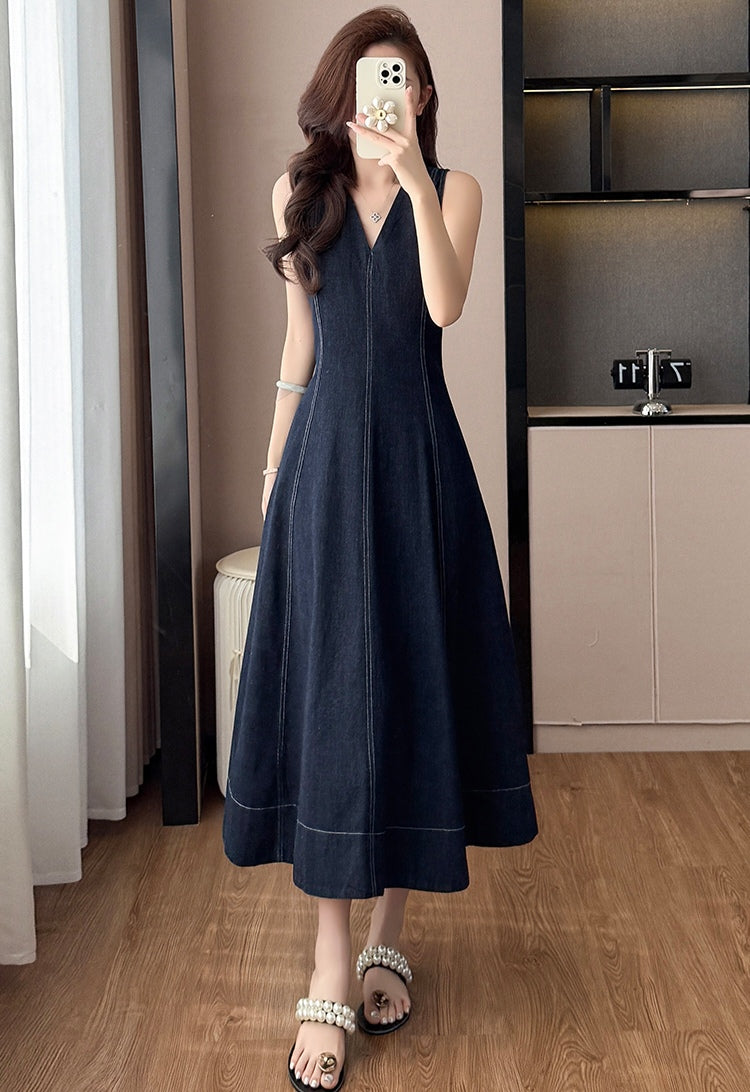 V-neck Denim Mid-length Dress