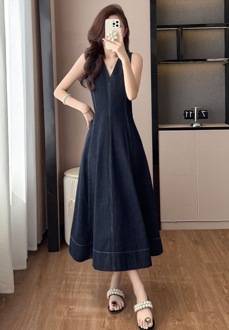 V-neck Denim Mid-length Dress