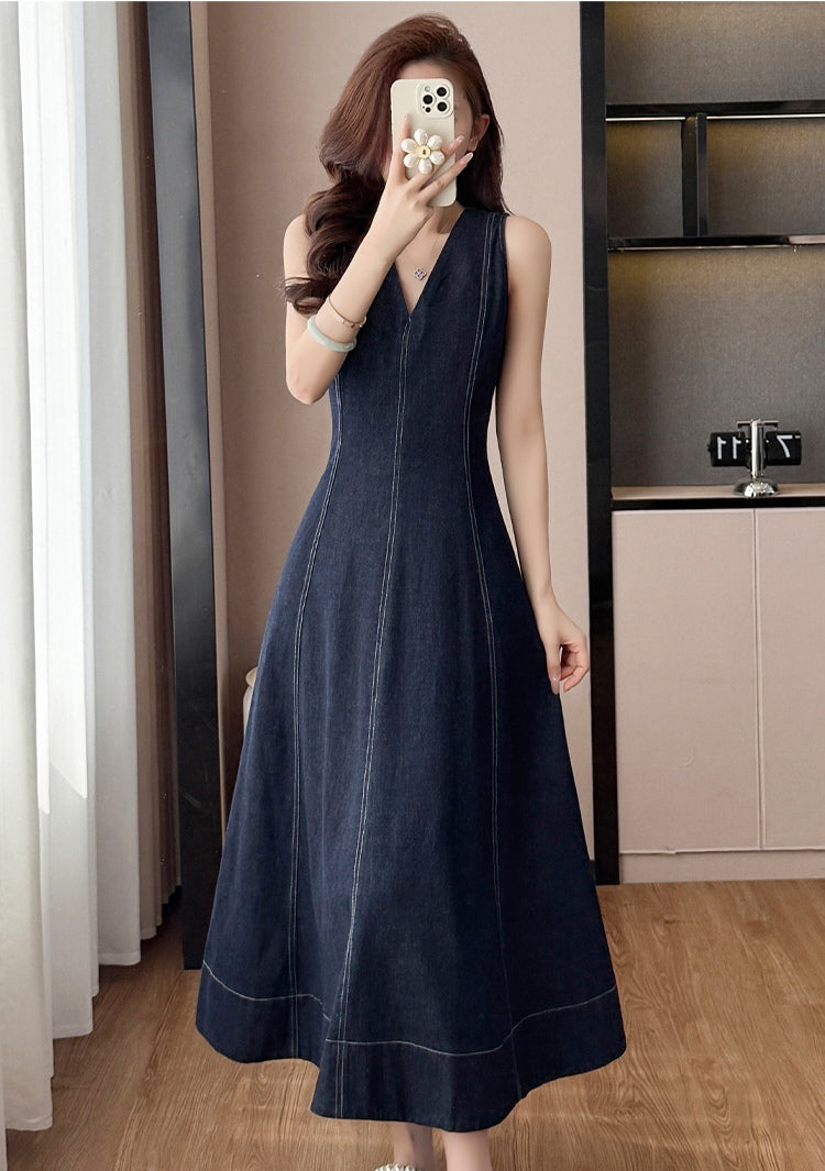 V-neck Denim Mid-length Dress