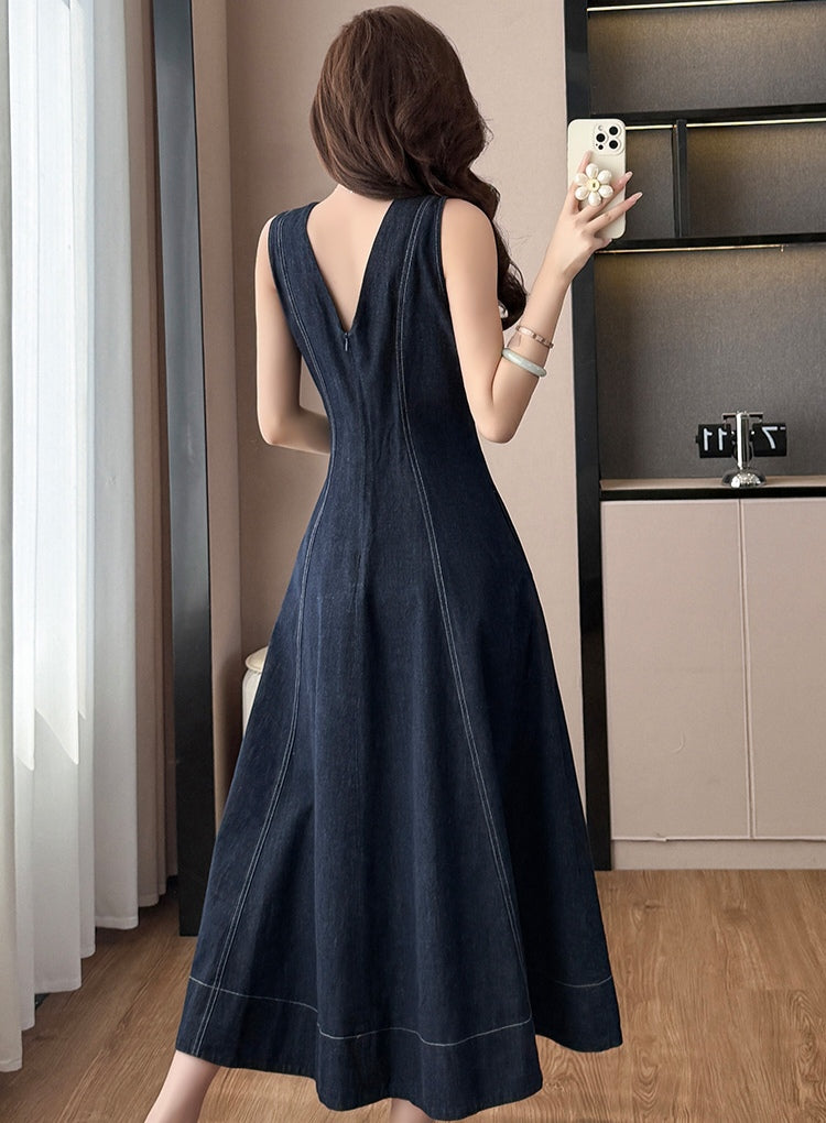 V-neck Denim Mid-length Dress