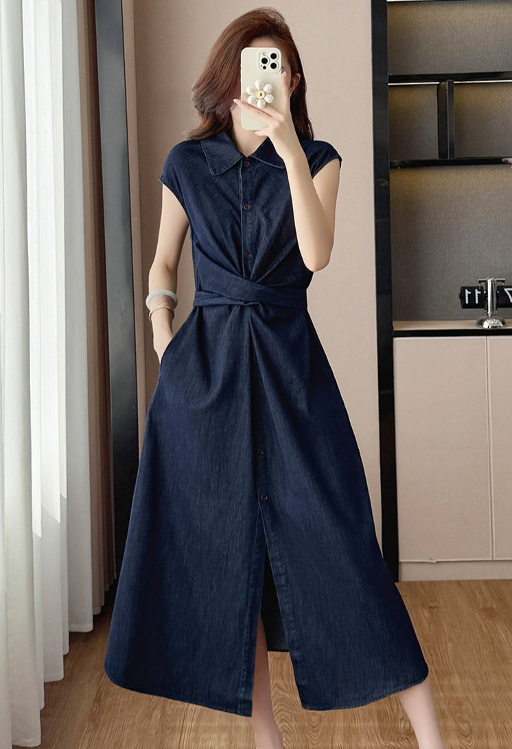 Elegant Sleeveless Denim Shirt Midi Dress with Waist Tie