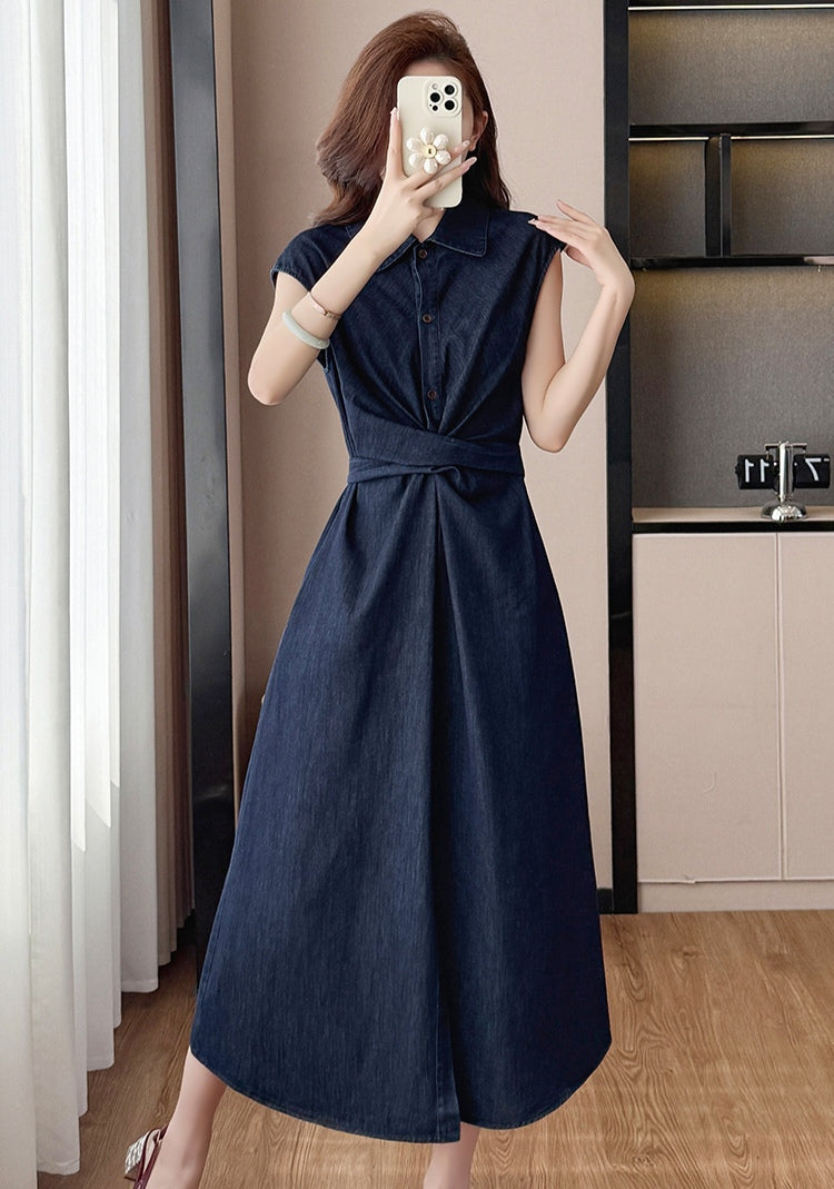 Elegant Sleeveless Denim Shirt Midi Dress with Waist Tie