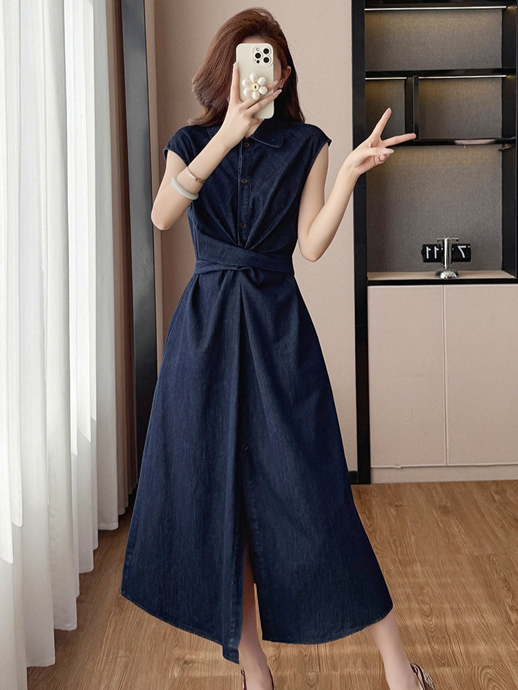 Elegant Sleeveless Denim Shirt Midi Dress with Waist Tie