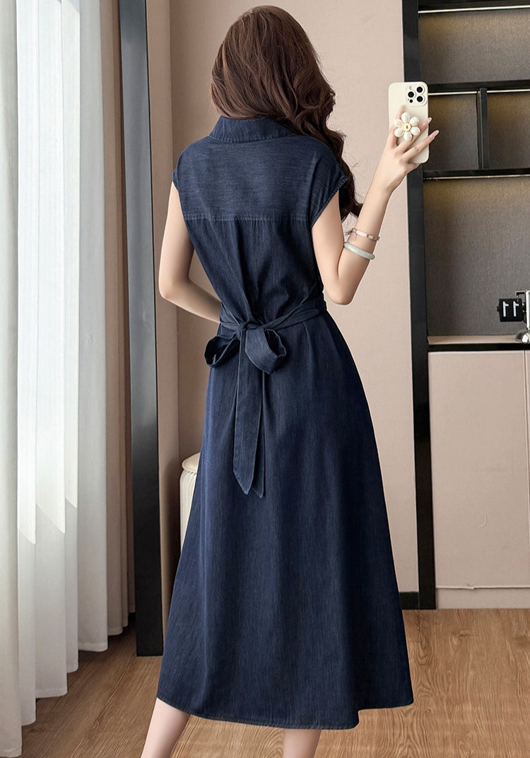 Elegant Sleeveless Denim Shirt Midi Dress with Waist Tie