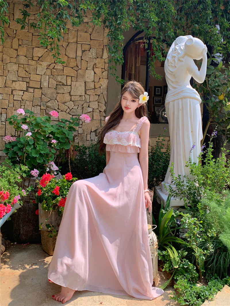 Vintage Style Floral Lace Bustier Flowy Pink Sundress