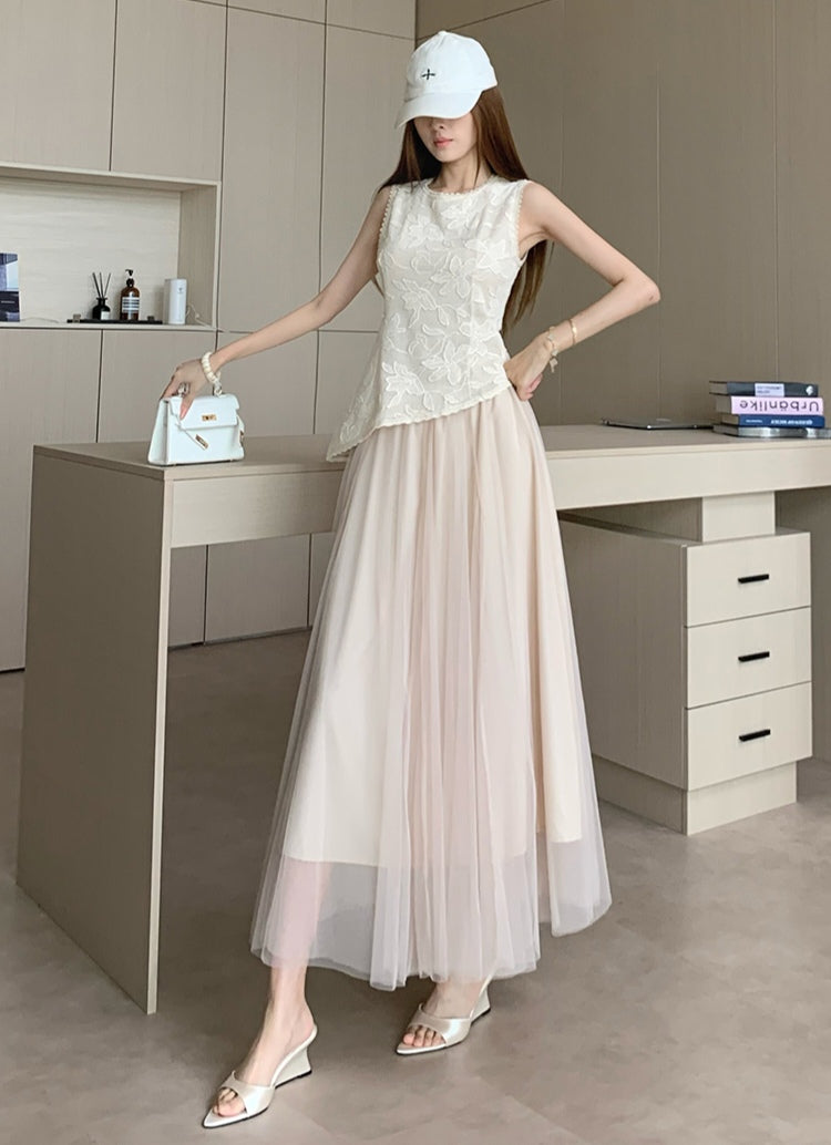 Embroidered Lace Top and Mesh Midi Skirt