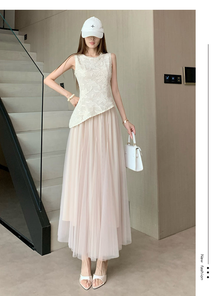 Embroidered Lace Top and Mesh Midi Skirt