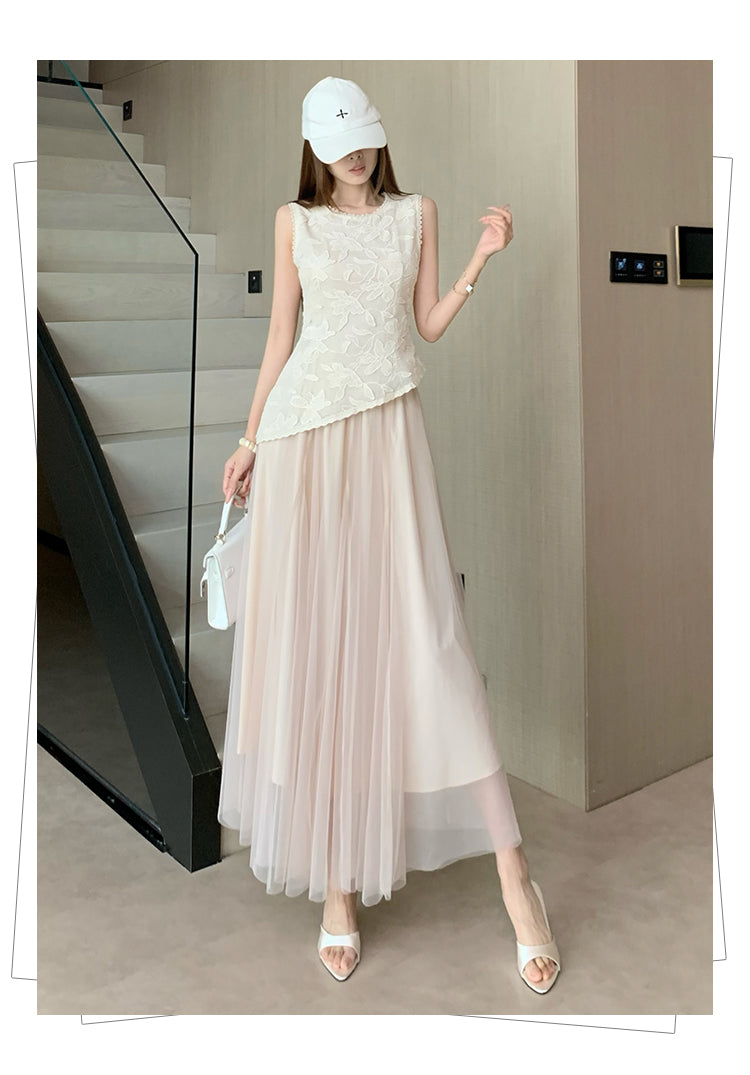 Embroidered Lace Top and Mesh Midi Skirt