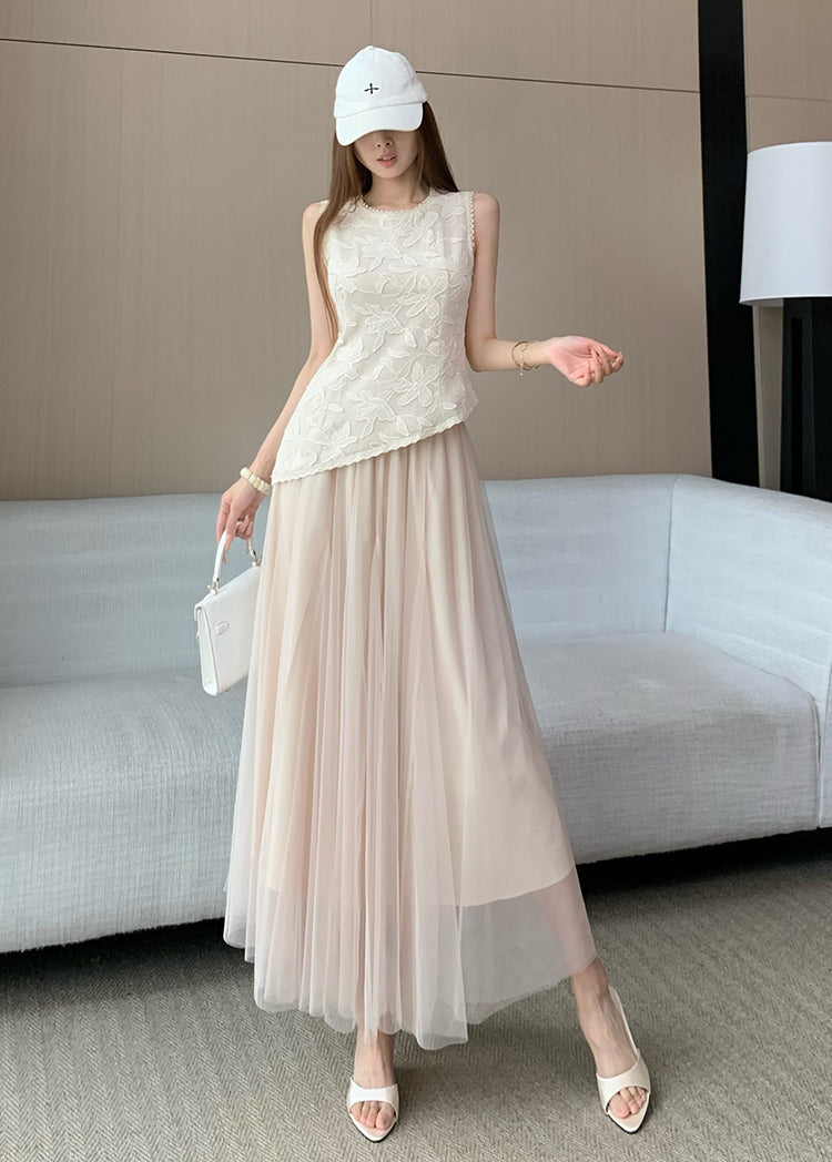 Embroidered Lace Top and Mesh Midi Skirt