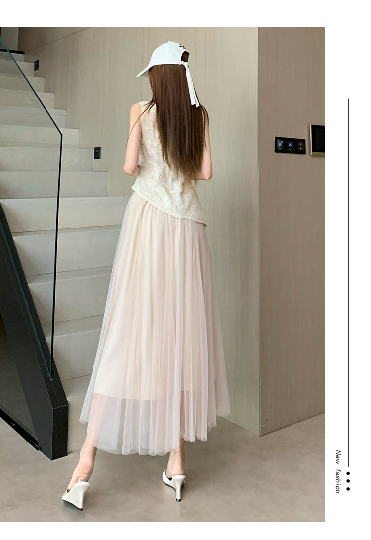 Embroidered Lace Top and Mesh Midi Skirt