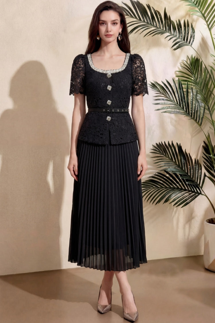 Elegant Black Lace Pleated Midi Dress with Belt