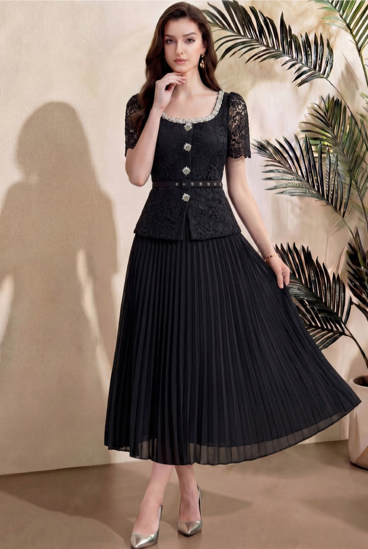 Elegant Black Lace Pleated Midi Dress with Belt