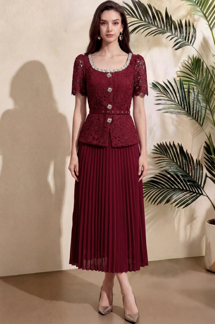 Elegant Maroon Lace Pleated Midi Dress with Belt