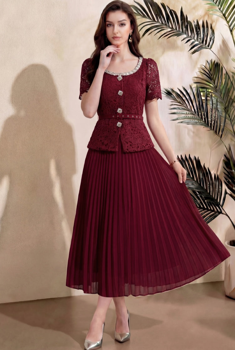 Elegant Maroon Lace Pleated Midi Dress with Belt