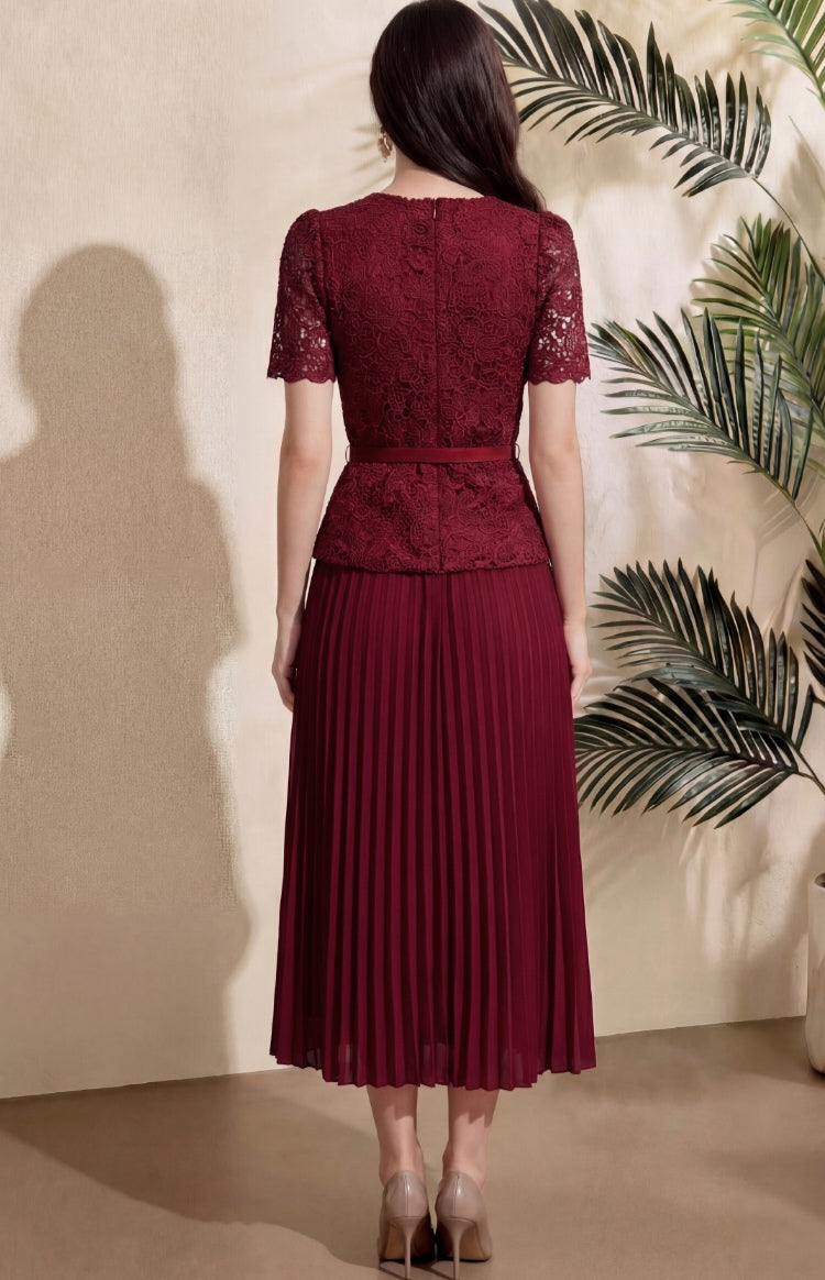 Elegant Maroon Lace Pleated Midi Dress with Belt