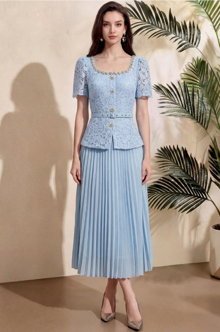 Elegant Light Blue Lace Pleated Midi Dress with Belt