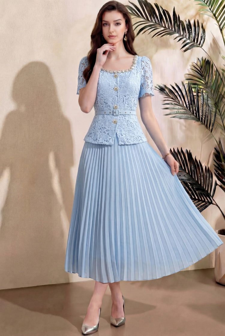 Elegant Light Blue Lace Pleated Midi Dress with Belt
