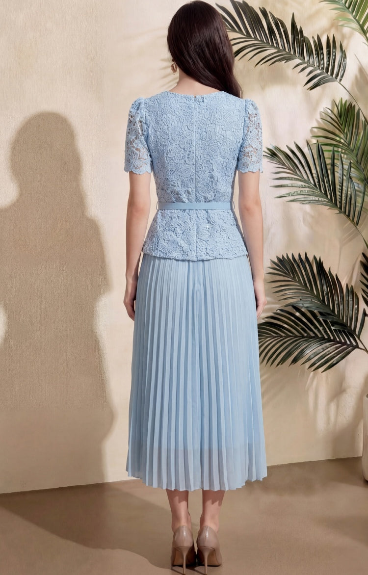 Elegant Light Blue Lace Pleated Midi Dress with Belt