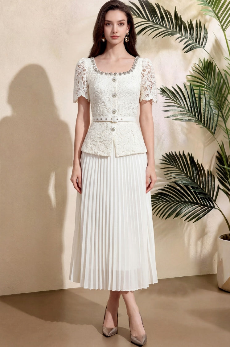 Elegant White Lace Pleated Midi Dress with Belt