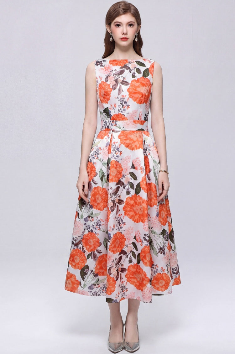 Orange Flower Sleeveless printed With A Three-dimensional Cut Dress