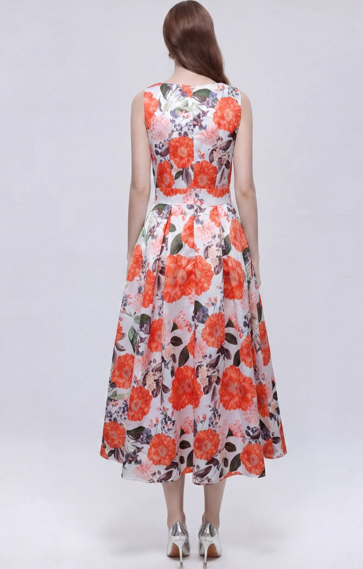 Orange Flower Sleeveless printed With A Three-dimensional Cut Dress