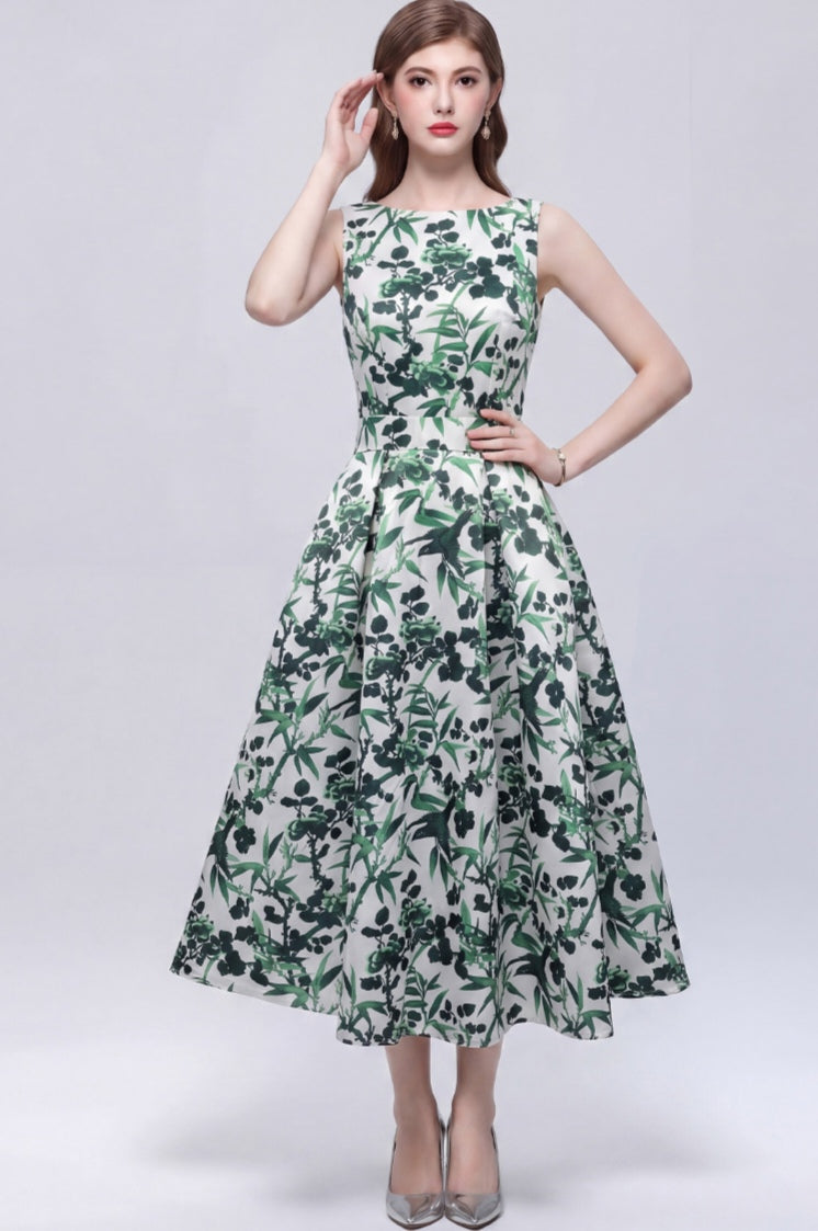 Green Flower Sleeveless printed With A Three-dimensional Cut Dress