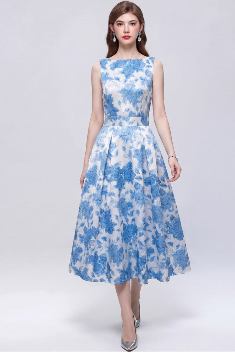Blue Flower Sleeveless printed With A Three-dimensional Cut Dress