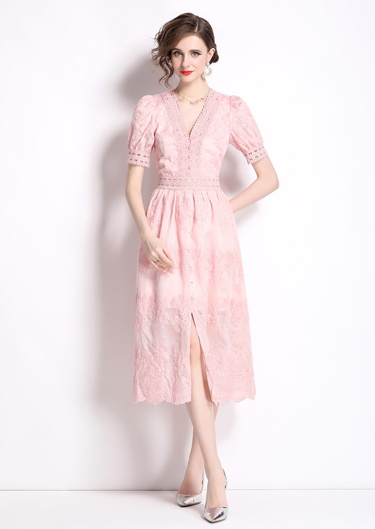 Embroidered V-neck Lace Trim Elegant Dress