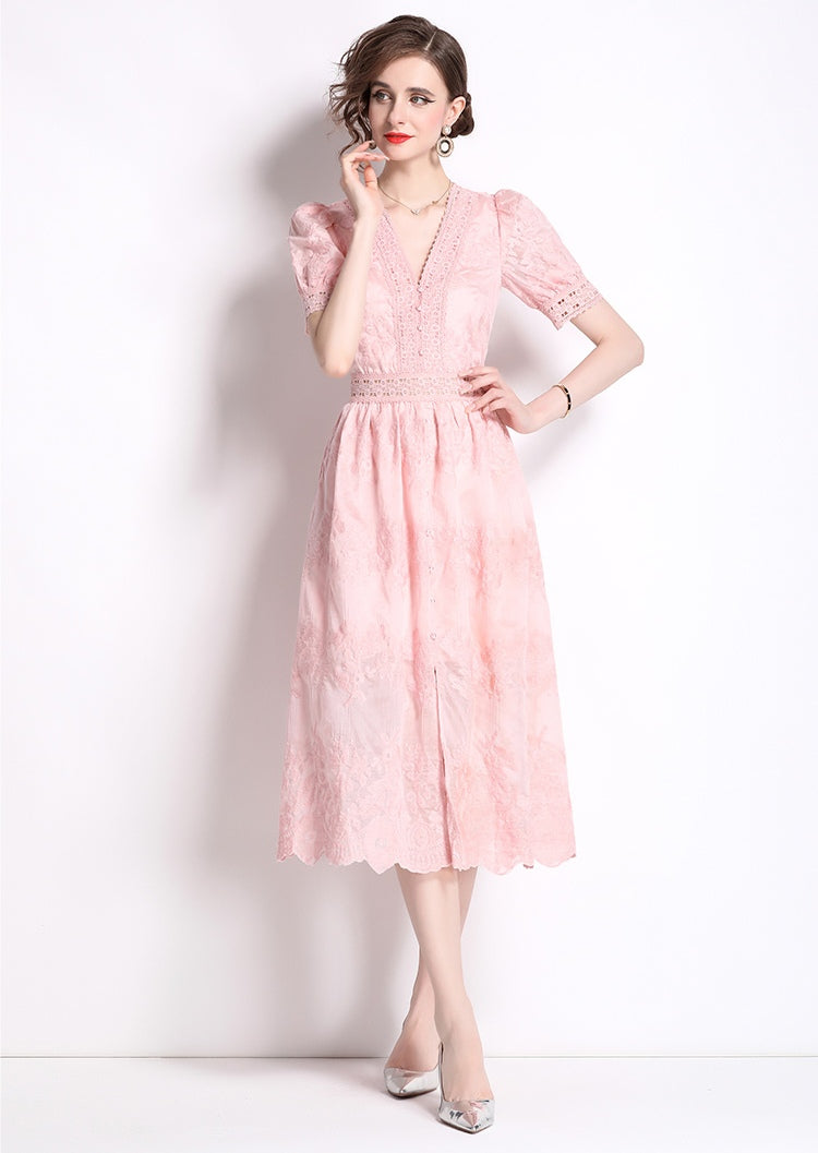 Embroidered V-neck Lace Trim Elegant Dress