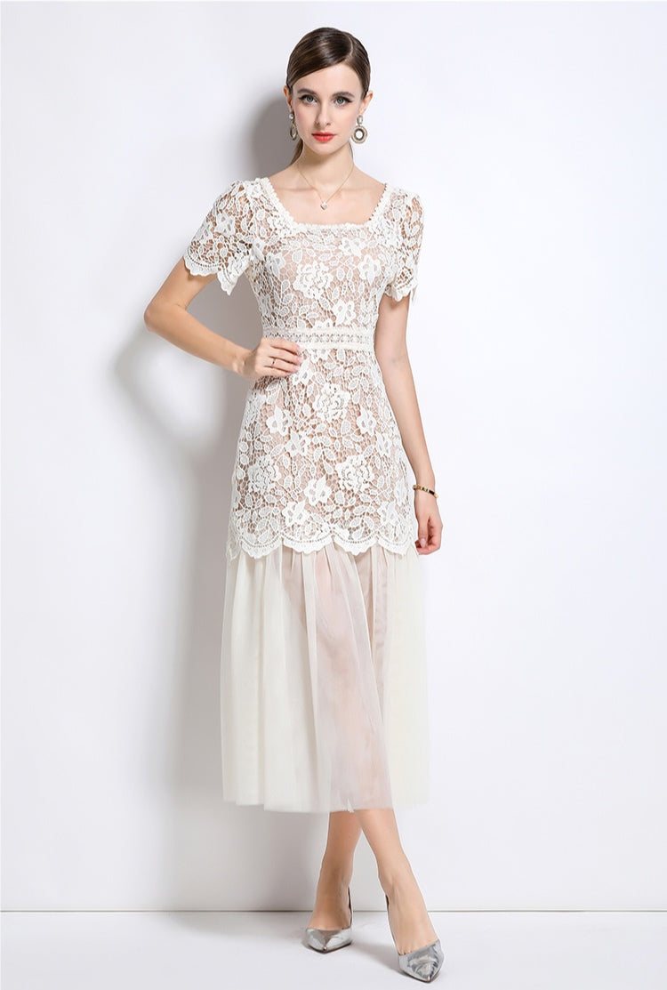 Elegant Lace Square Neck High-End Mesh Patchwork Dress