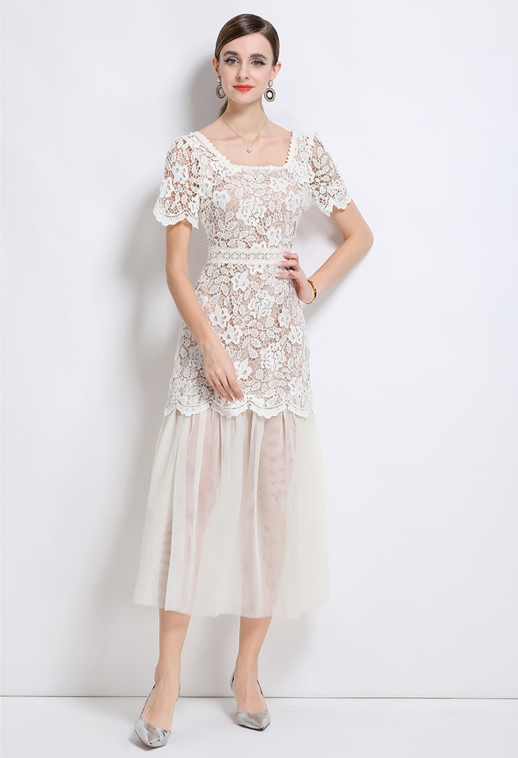 Elegant Lace Square Neck High-End Mesh Patchwork Dress