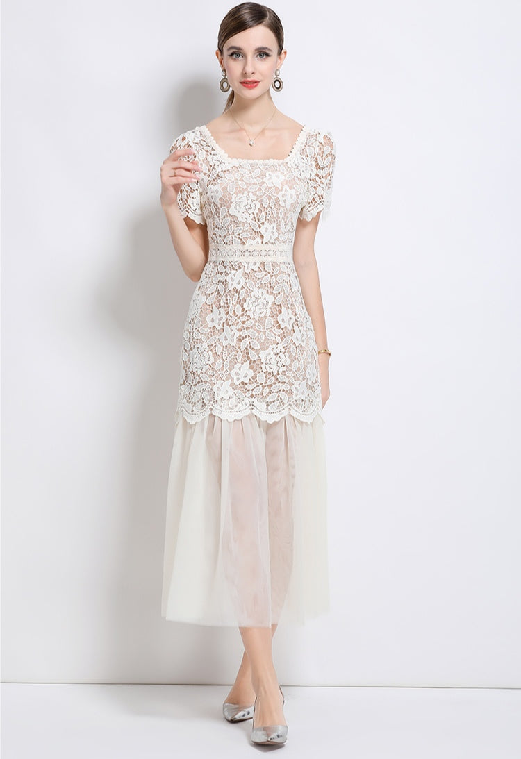 Elegant Lace Square Neck High-End Mesh Patchwork Dress