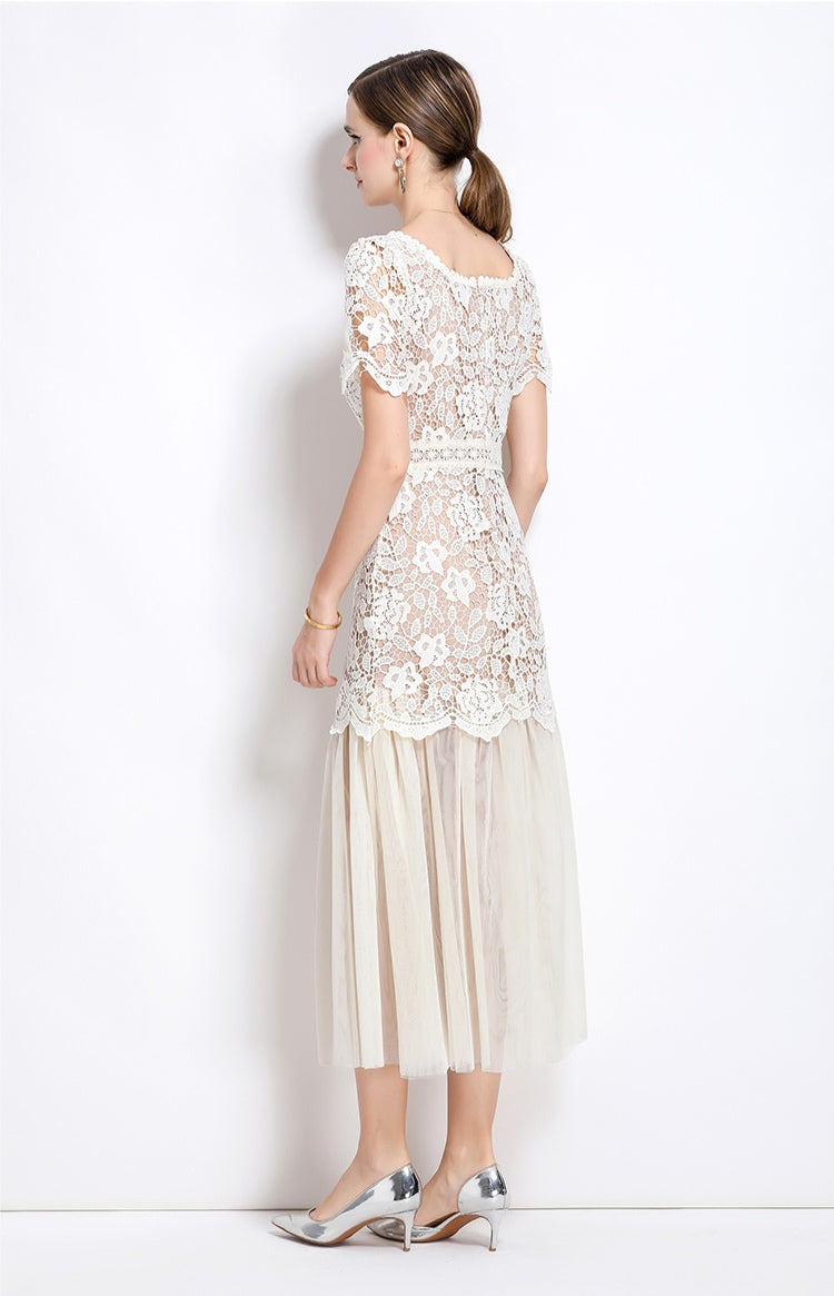 Elegant Lace Square Neck High-End Mesh Patchwork Dress
