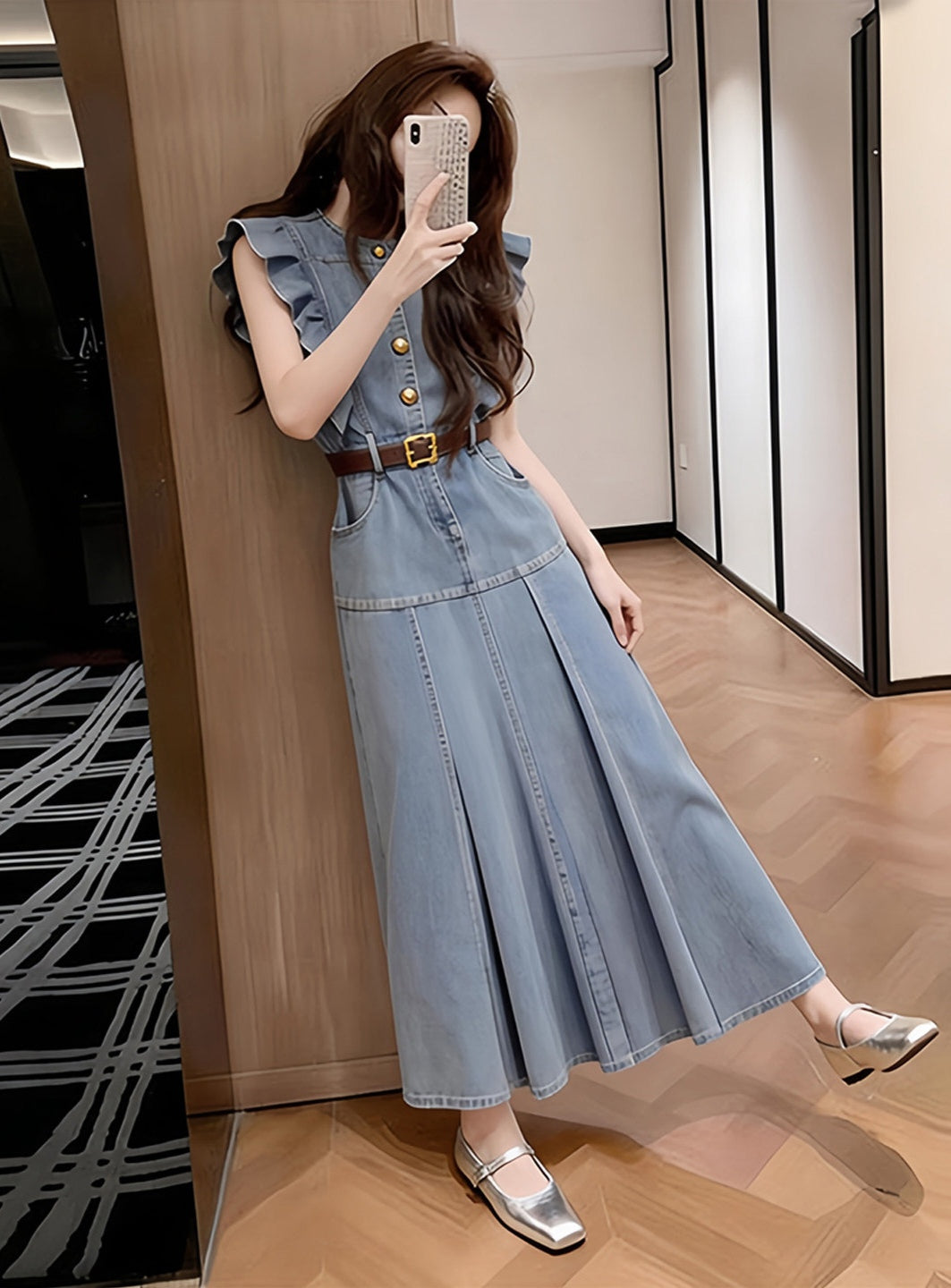 Ruffled Trim Sleeve Denim Dress