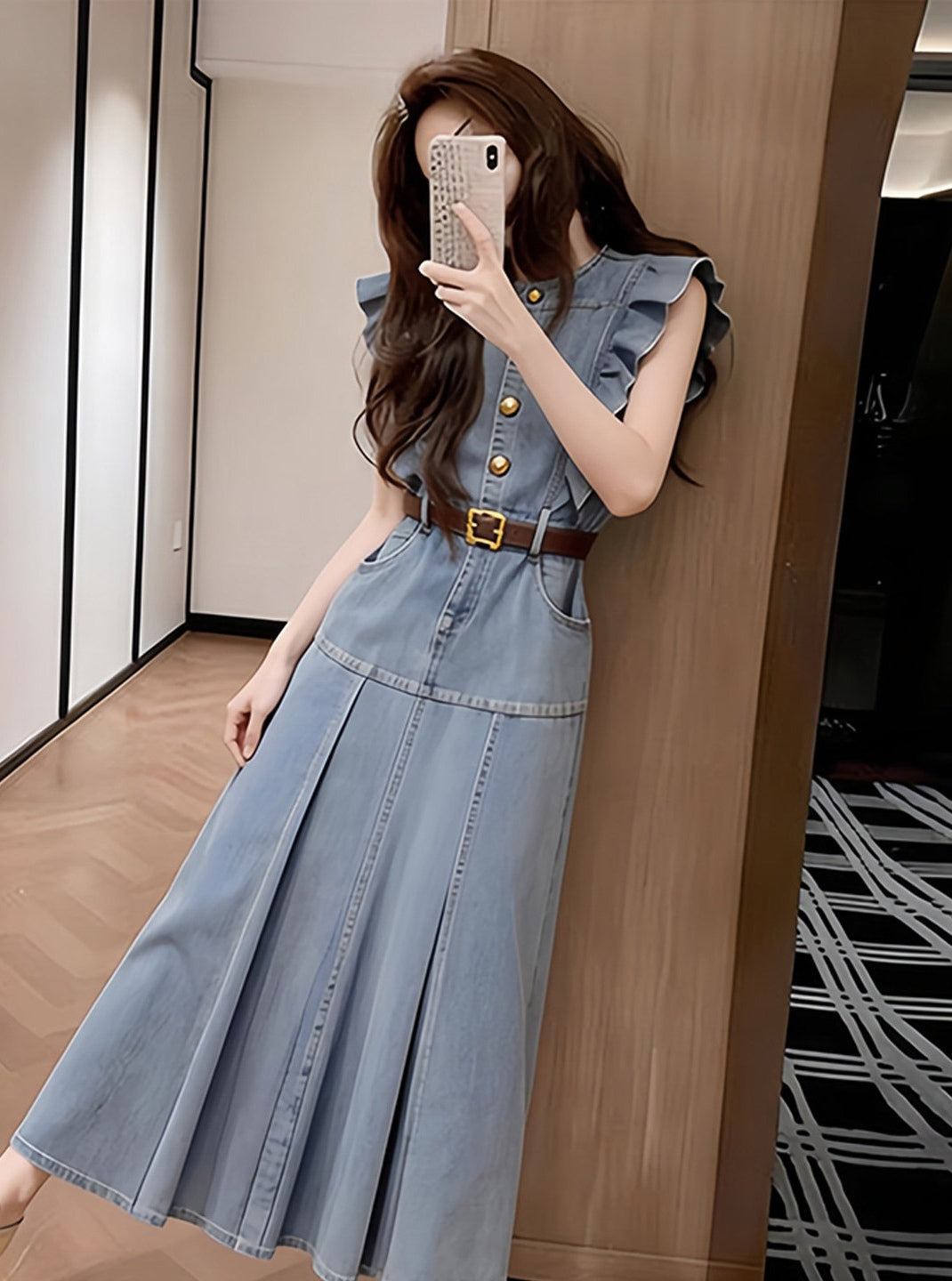Ruffled Trim Sleeve Denim Dress