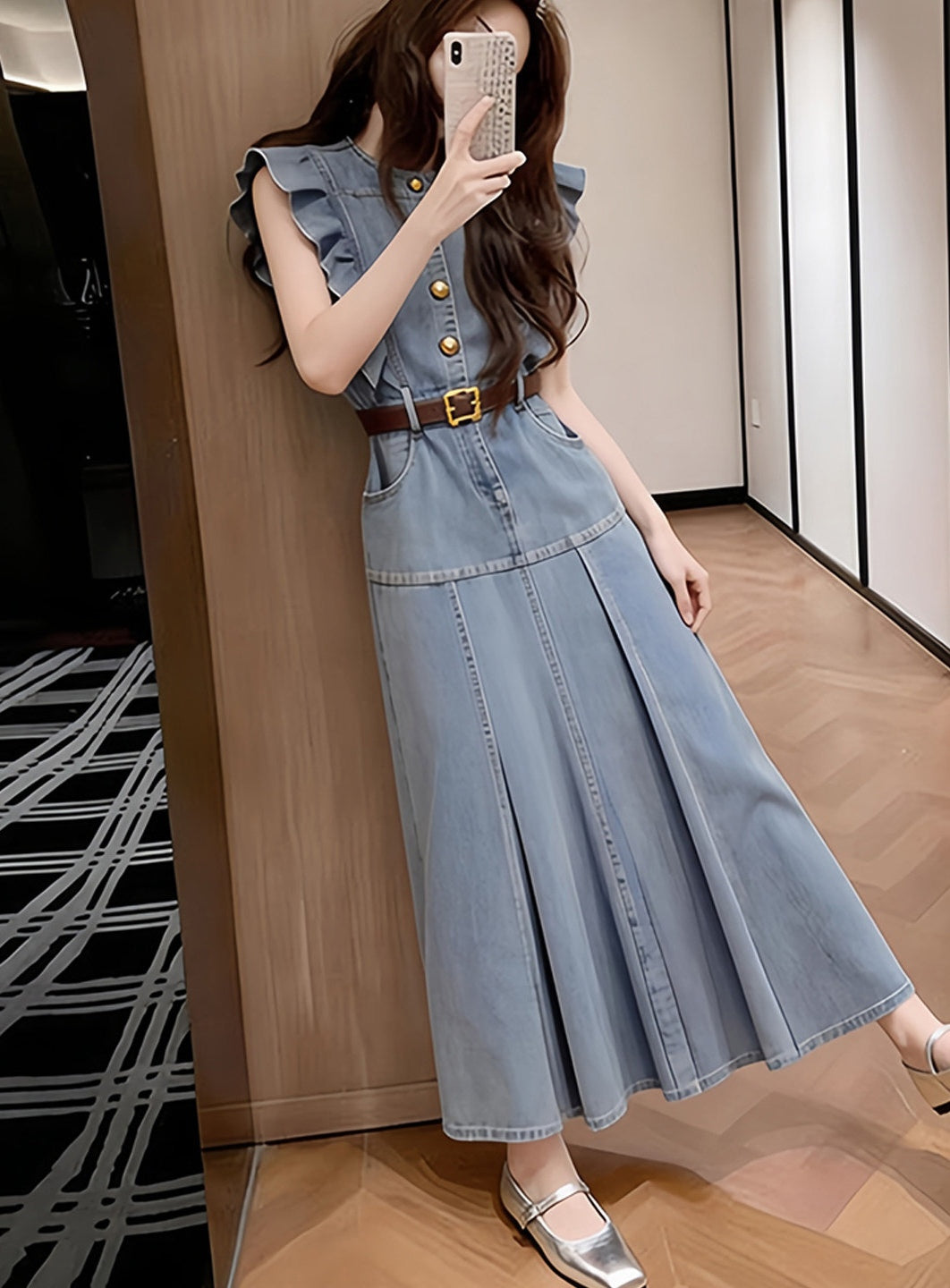 Ruffled Trim Sleeve Denim Dress