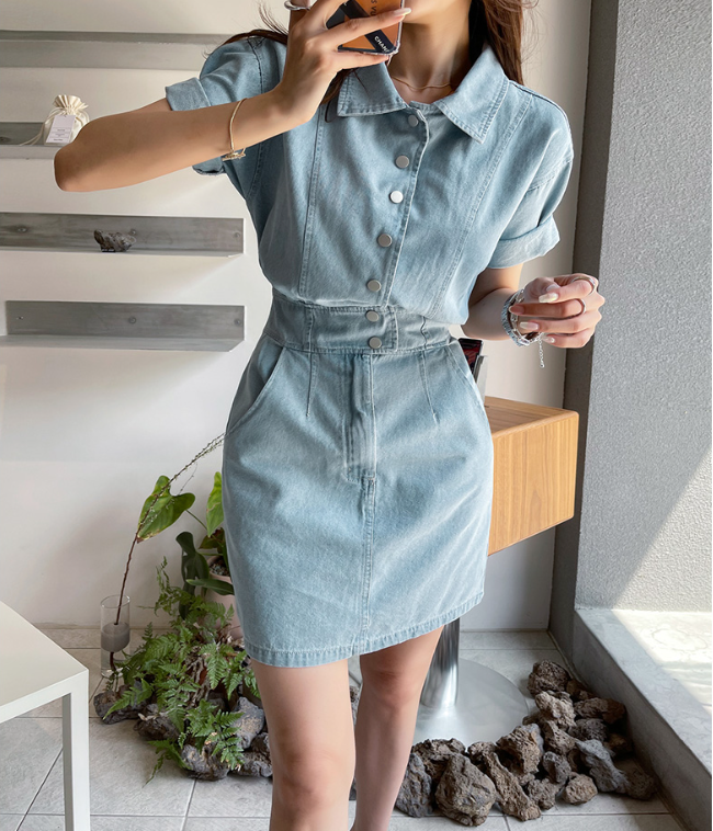 Denim Single-Breasted Mini Dress