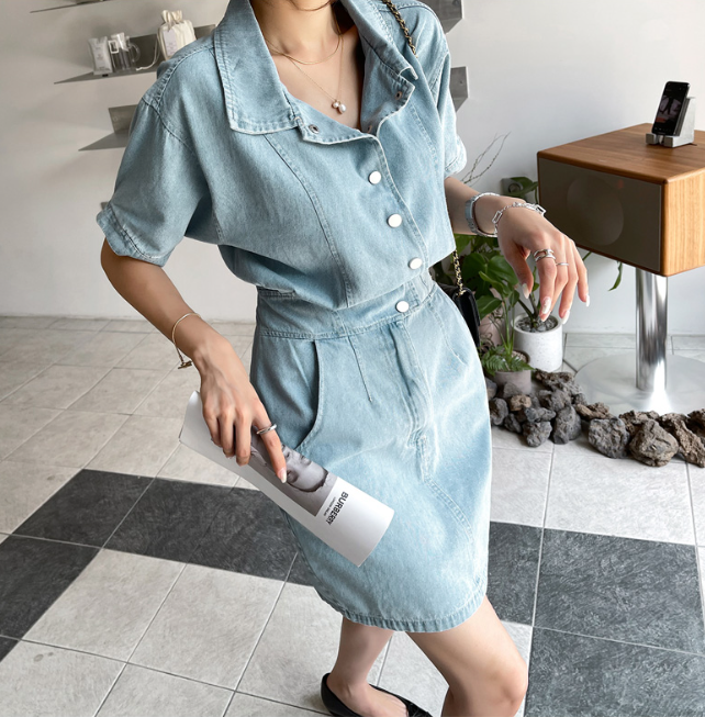 Denim Single-Breasted Mini Dress