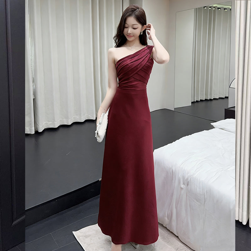 One-Shoulder Ruched Pleat Maxi Gown