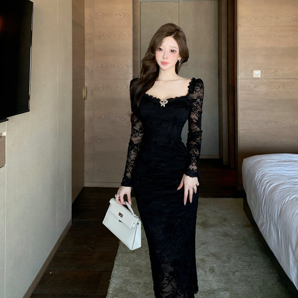 Elegant Floor - Length Lace Gown - Sophisticated Square Neck Evening Maxi Dress