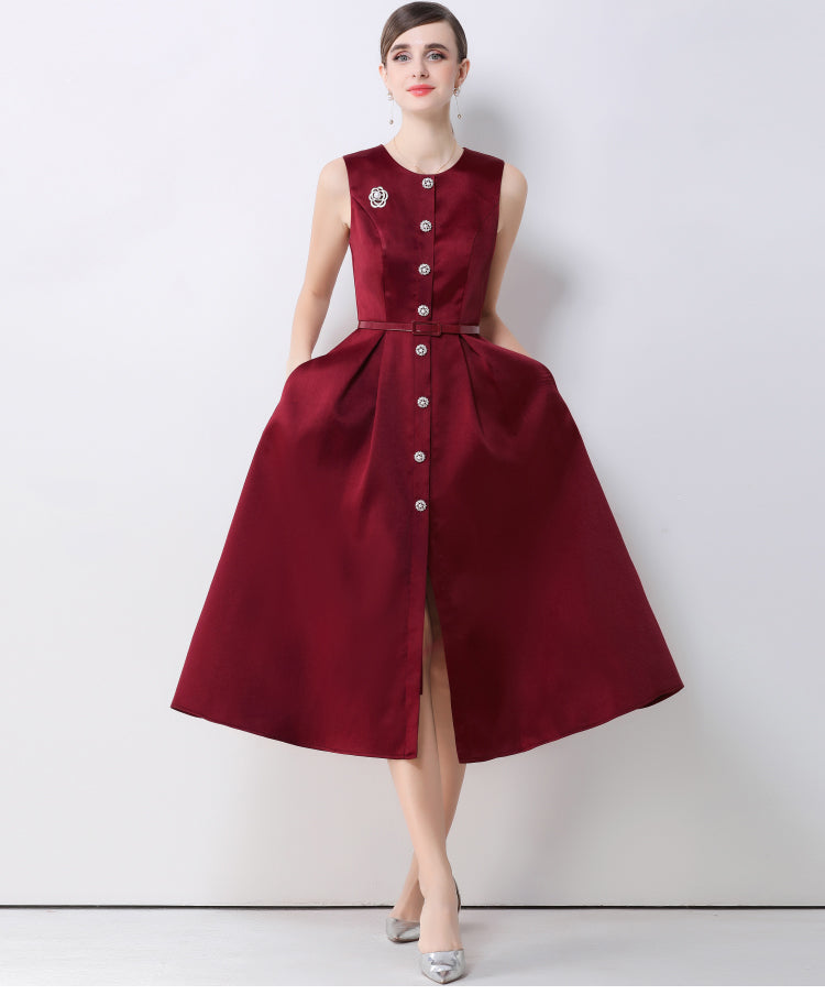 Elena Sleeveless Button-Down Flare Dress In Red