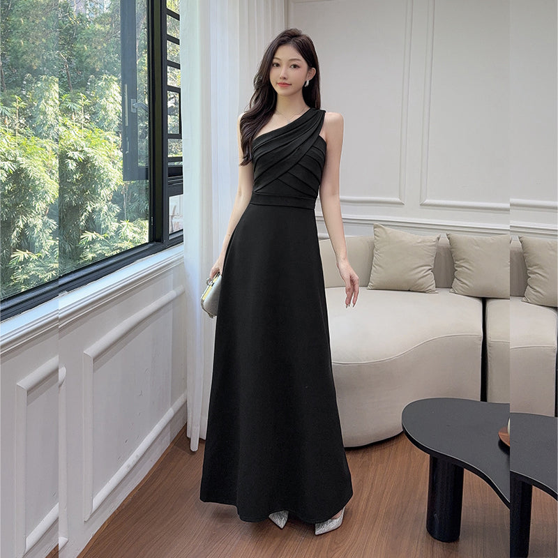 One-Shoulder Ruched Pleat Maxi Gown