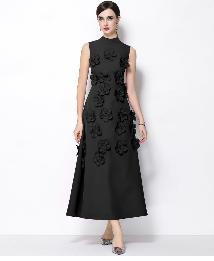 Petal-Encrusted Black Midi Dress-3D Floral Mock-Neck A-Line