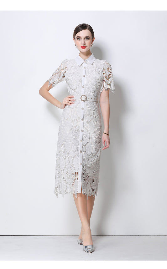 Aurelia Guipure Lace Midi Shirtdress With Belt