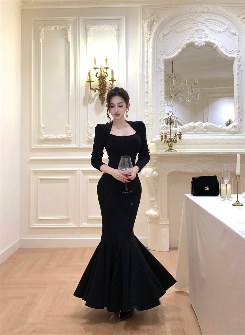 Elegant Black Knit Mermaid Maxi Dress