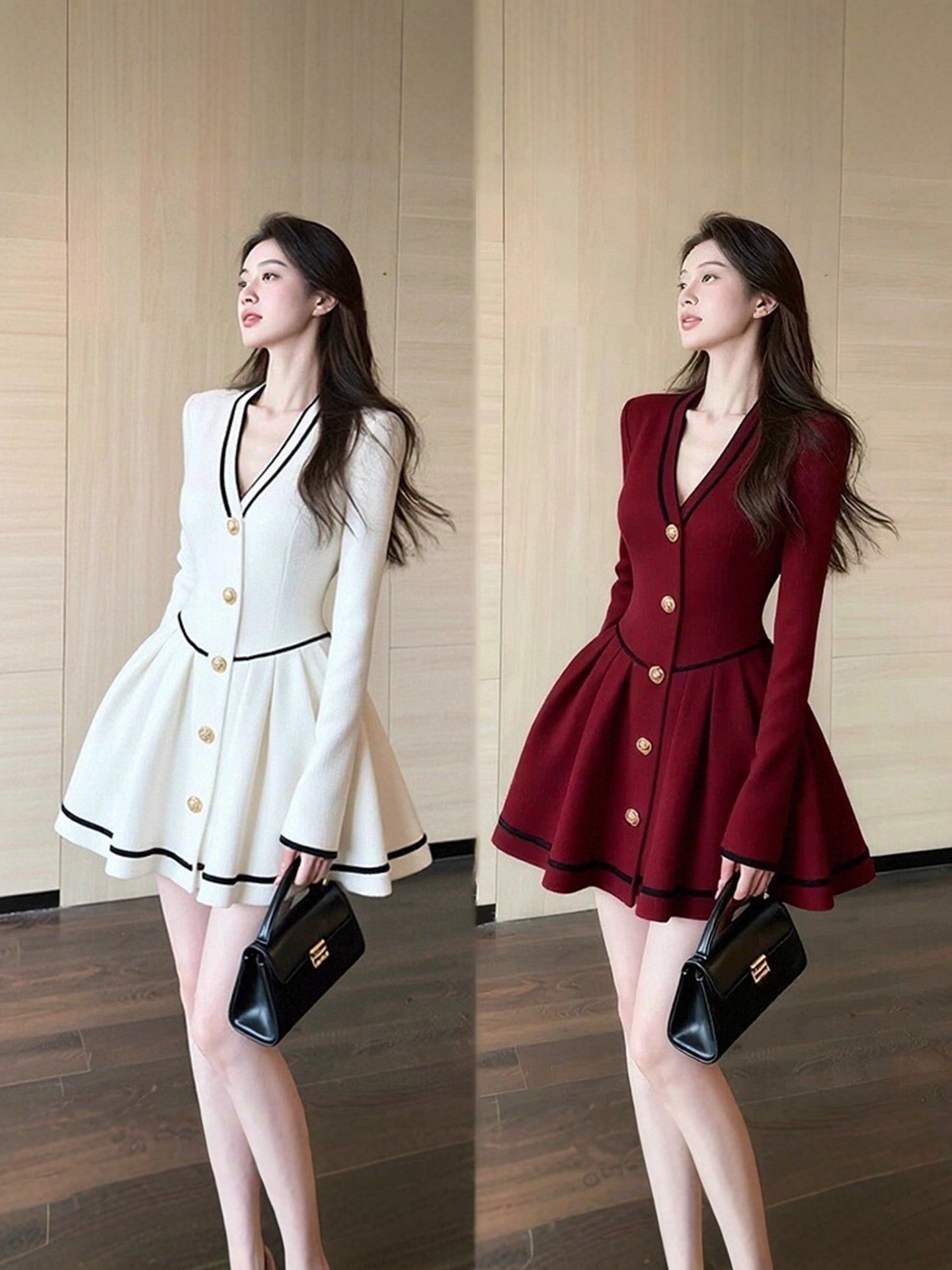 French Vintage V-Neck Knit Mini Dress With Gold Button Accents