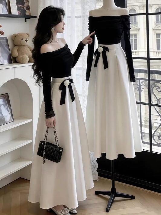 Elegant Black And White Off-Shoulder Maxi Dress