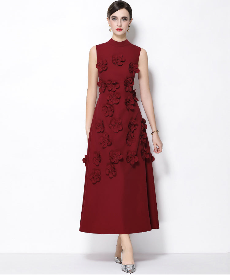 Petal-Encrusted Claret Midi Dress-3D Floral Mock-Neck A-Line