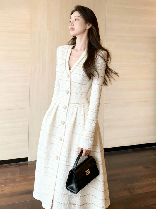 Elegent White Tweed Gold-Buttoned Midi Dress